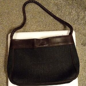 womens lauren ralph lauren black purse with brown leather trim rope strap AS IS
